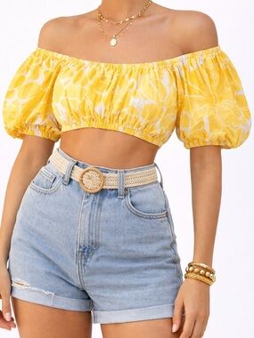 Faithfull the Brand Linen Floral Crop Top Size 4 Yellow Puff Sleeve Summer Boho